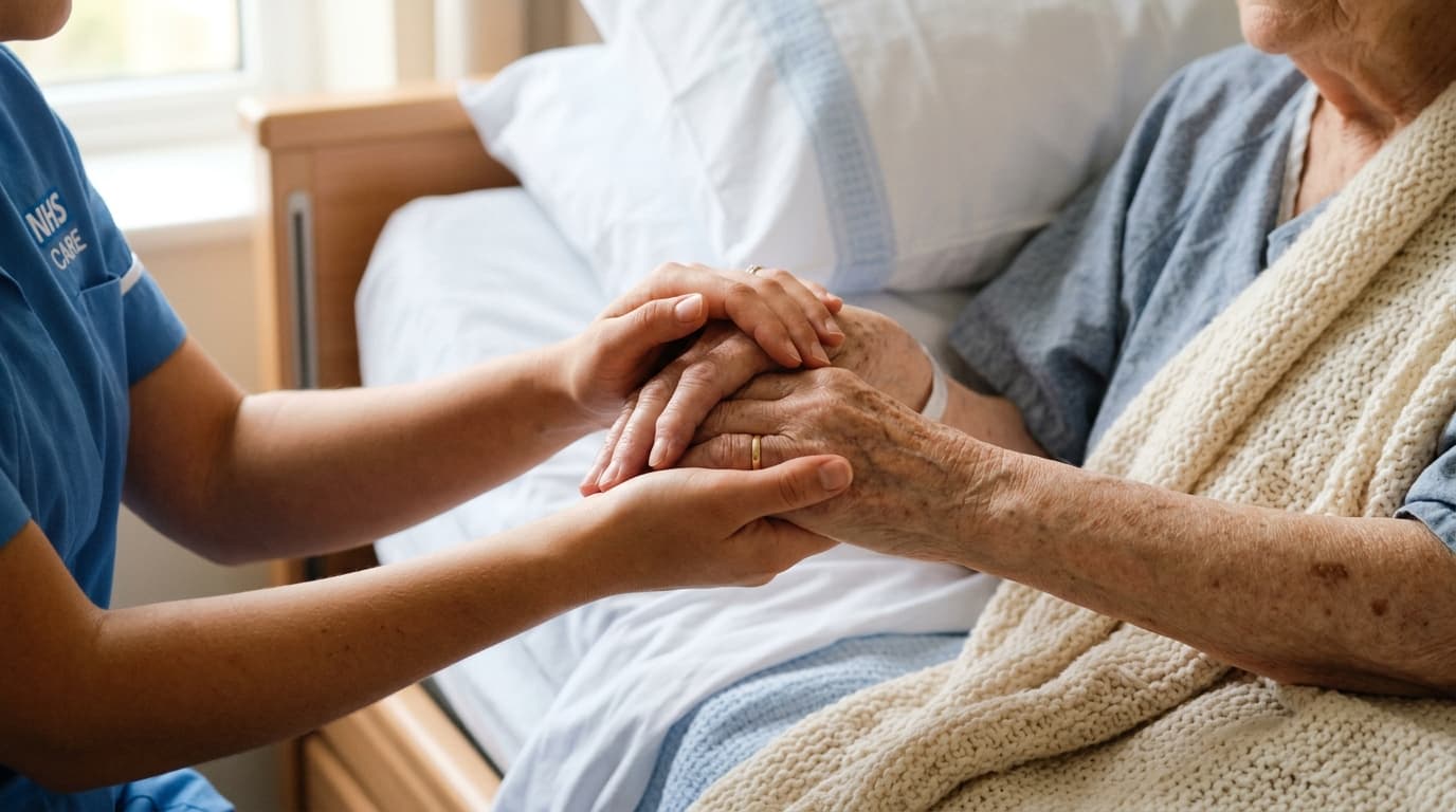 Compassionate hands symbolizing dignified clinical homecare and patient support